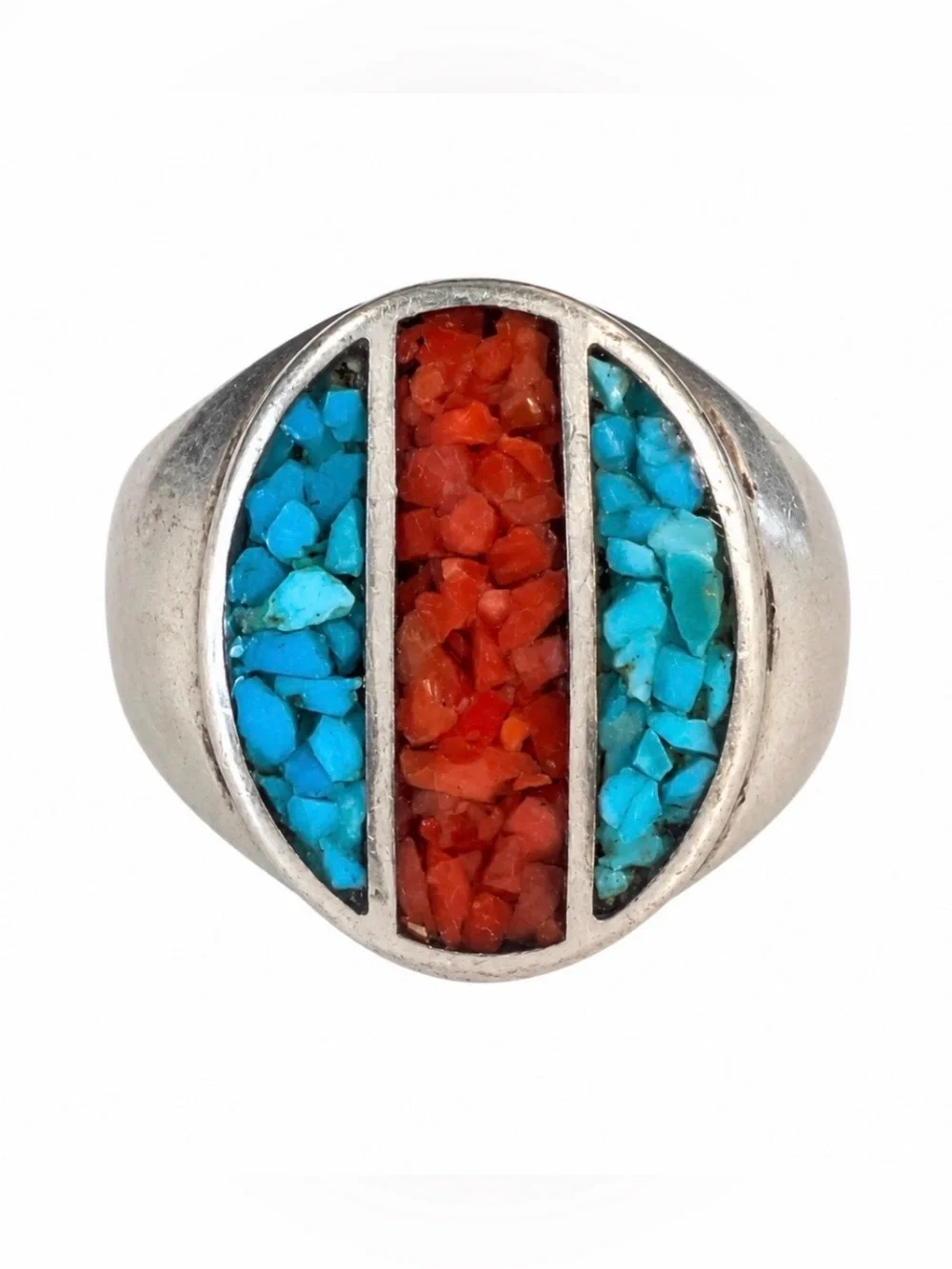 Old Pawn Native American Turquoise and Coral Inlay Ring Sterling Silver Men